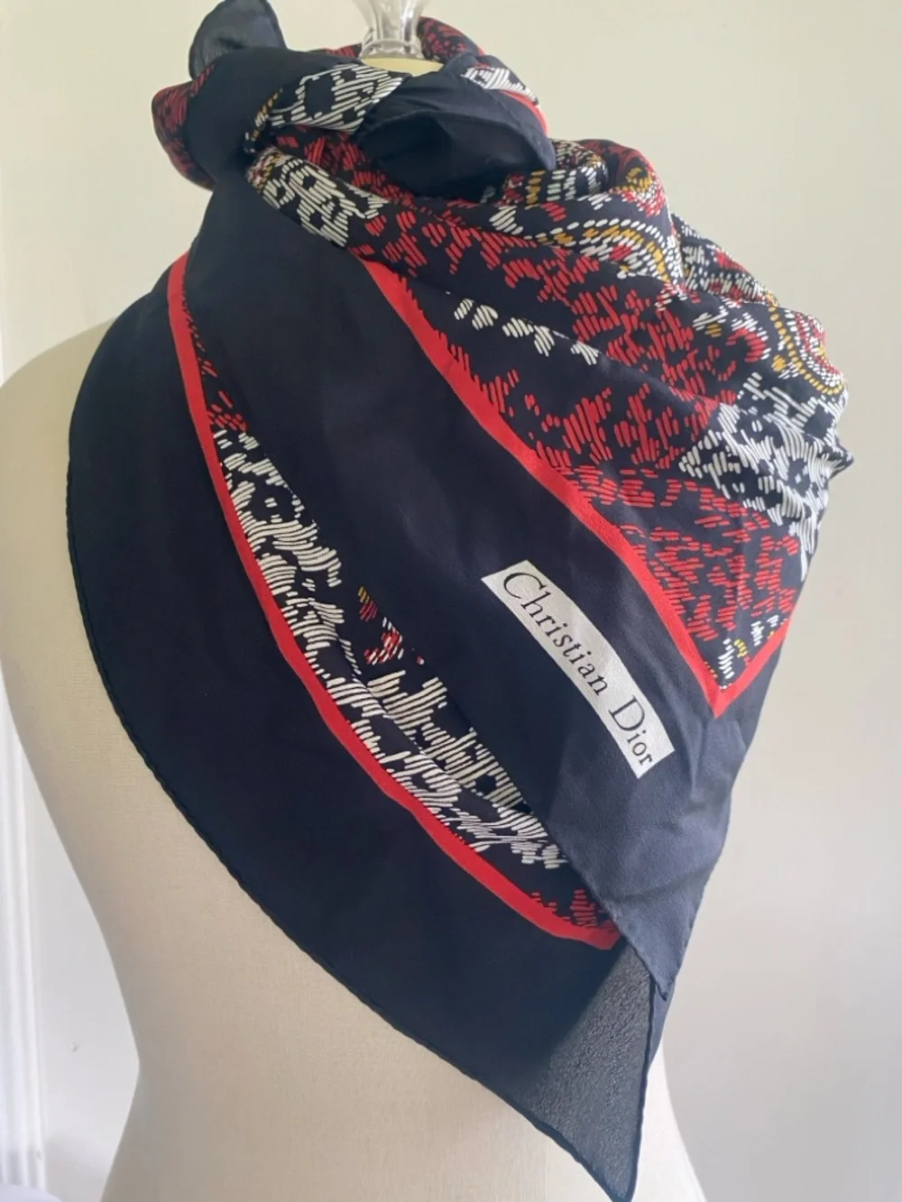 Dior Black Red Paisley Silk Scarf - Picture 4 of 6